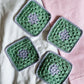 flower crochet coaster set - green and purple