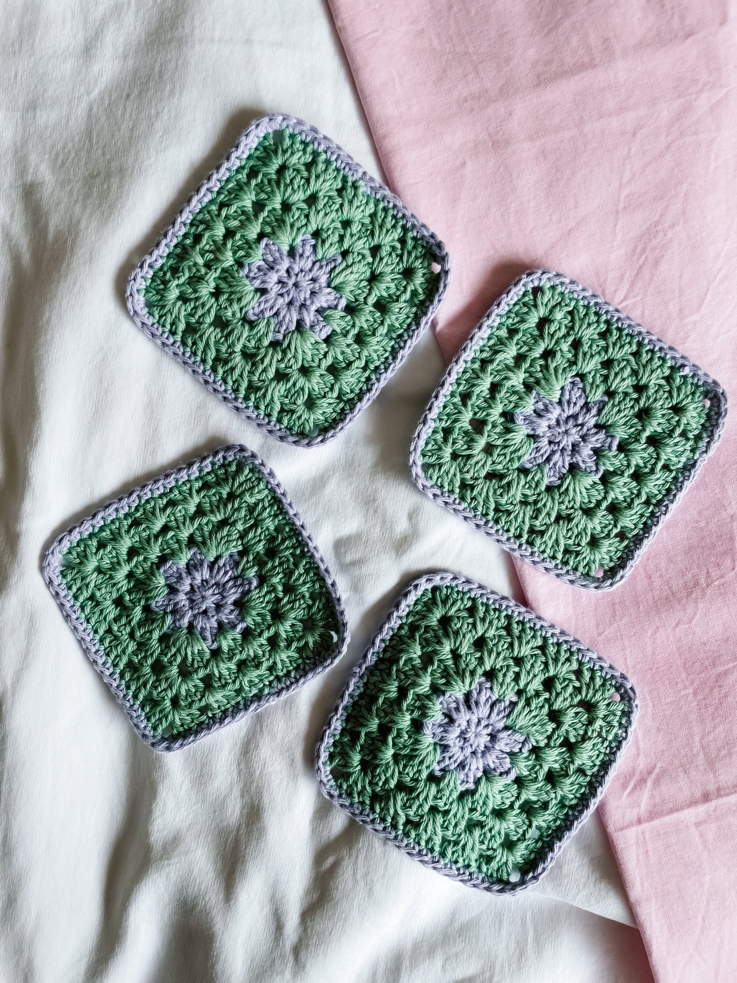 flower crochet coaster set - green and purple