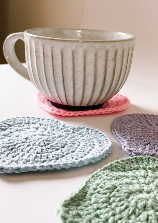 Love heart crochet coaster set - solid pastel colours