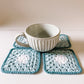 flower crochet coaster set - blue tones