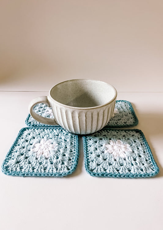 flower crochet coaster set - blue tones