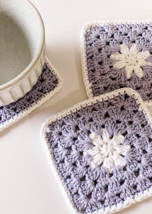 flower crochet coaster set - purple