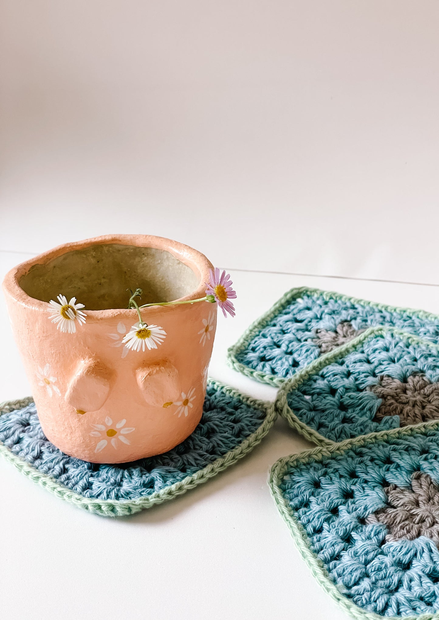 flower crochet coaster set - blue and grey