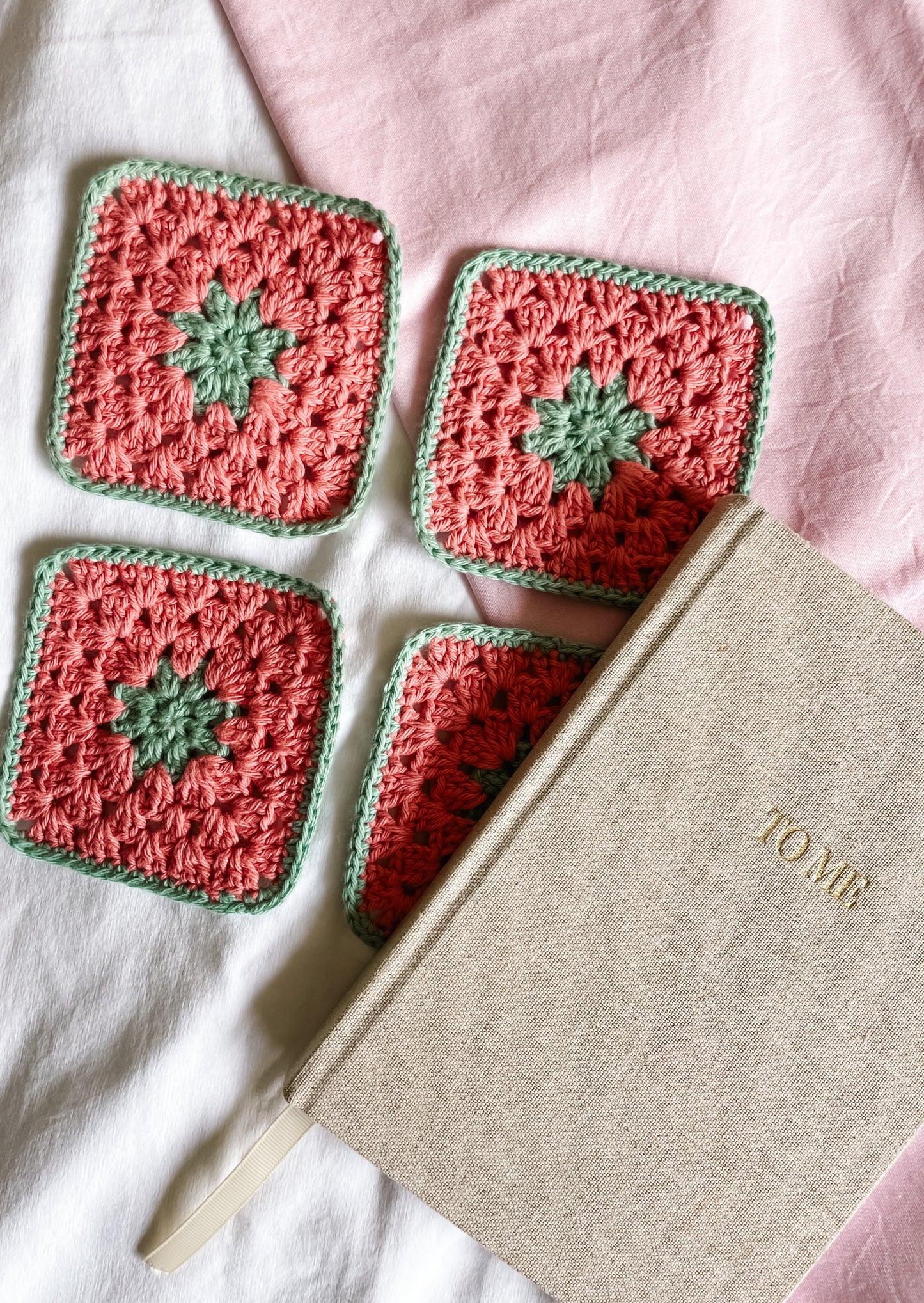 flower crochet coaster set - watermelon