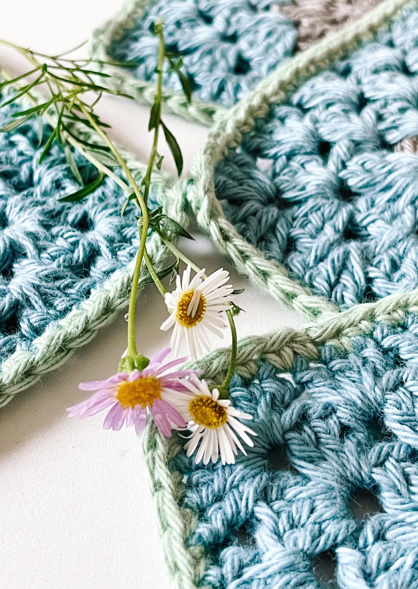 flower crochet coaster set - blue and grey