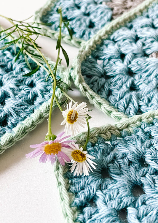 flower crochet coaster set - blue and grey