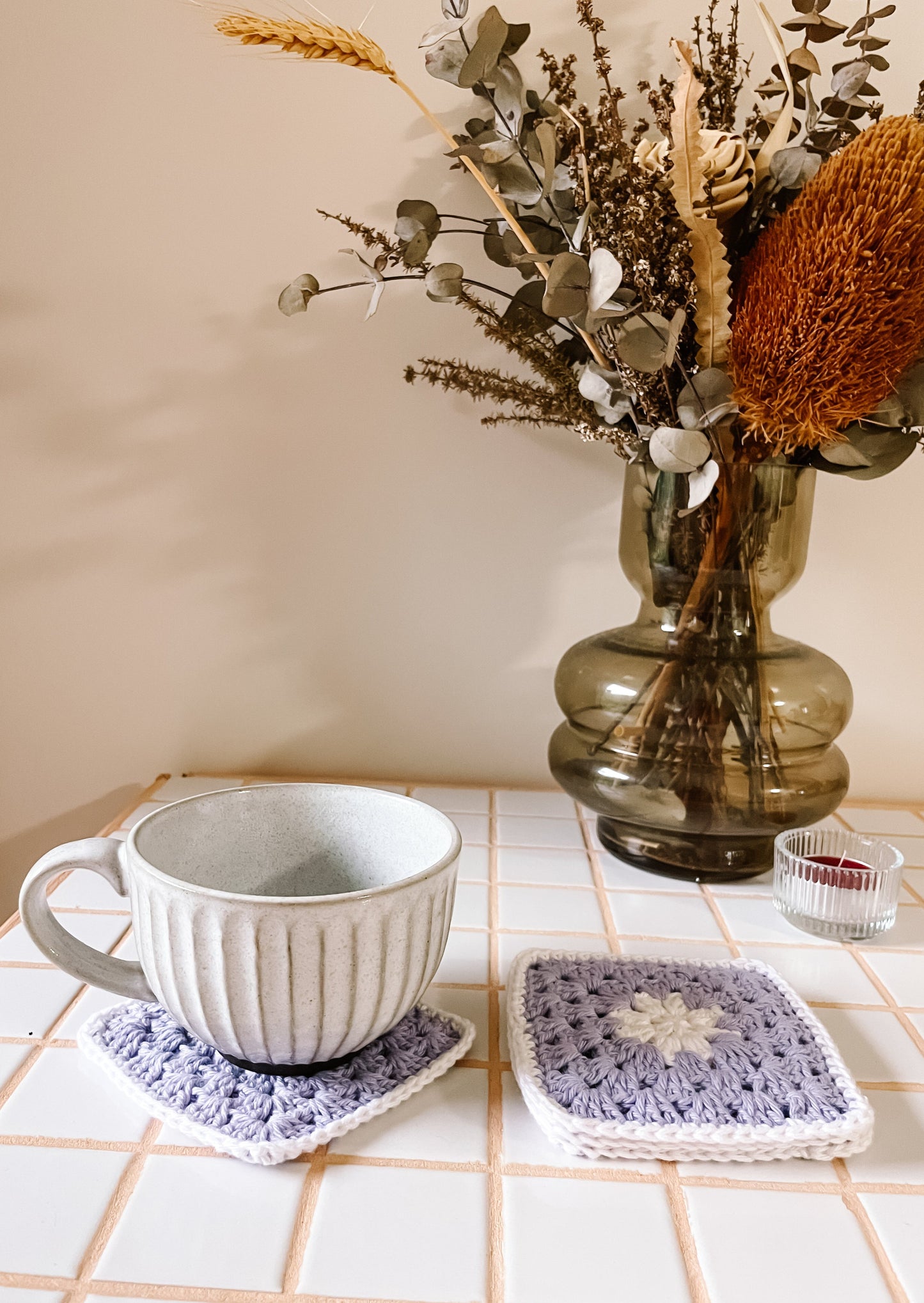 flower crochet coaster set - purple