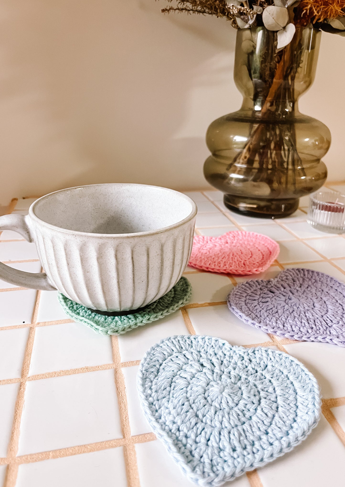 Love heart crochet coaster set - solid pastel colours