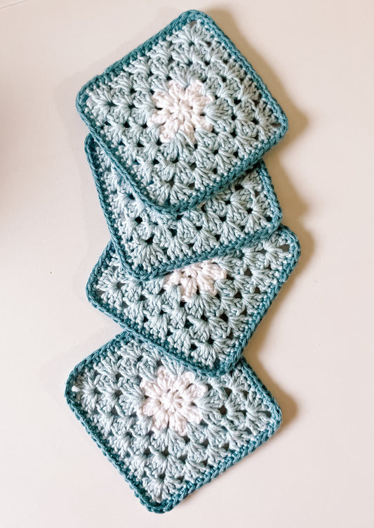 flower crochet coaster set - blue tones