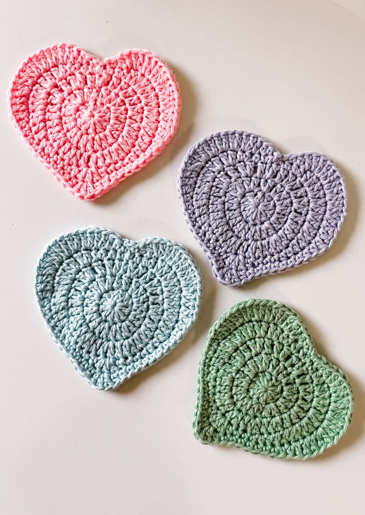 Love heart crochet coaster set - solid pastel colours