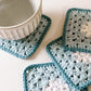 flower crochet coaster set - blue tones