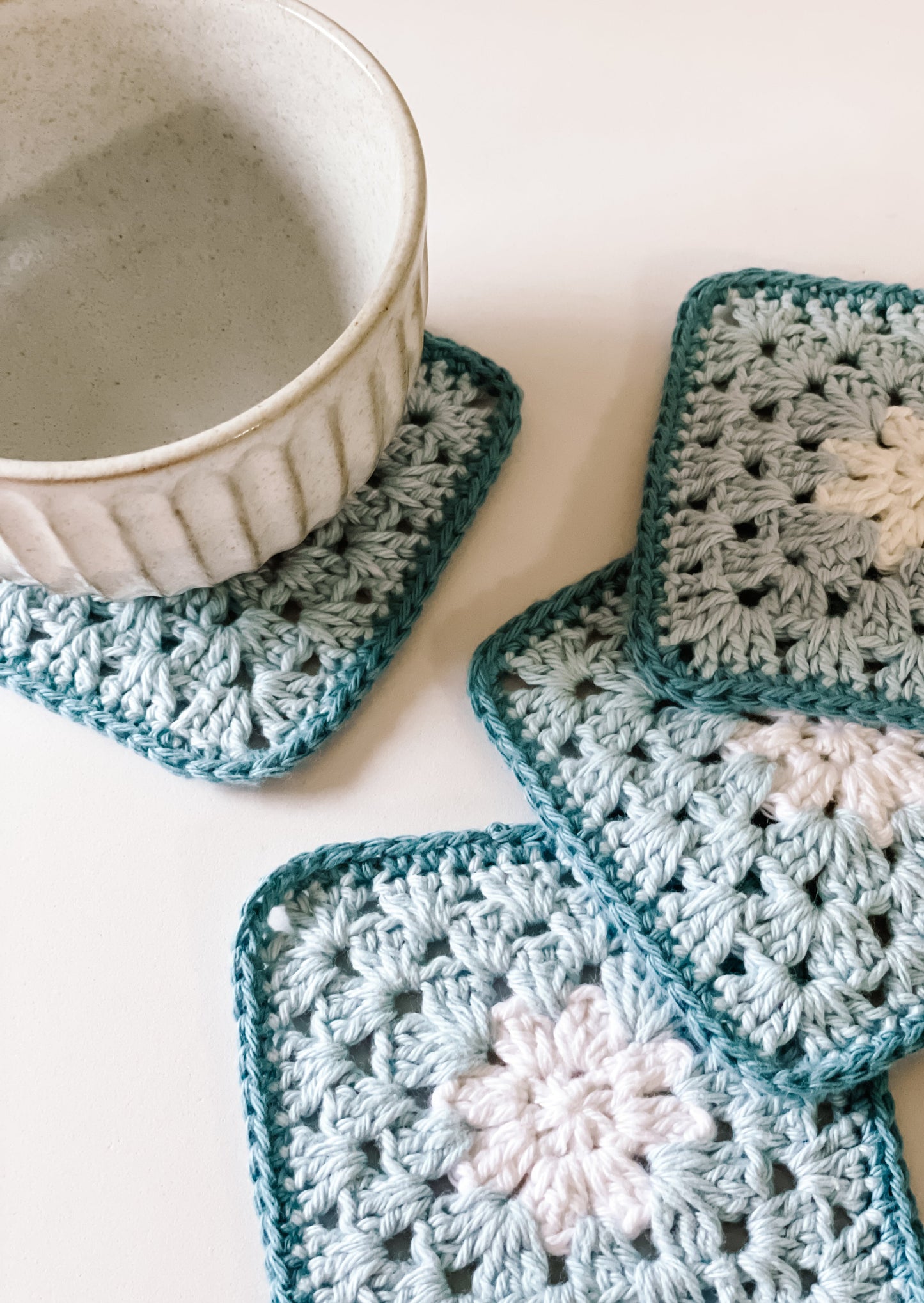 flower crochet coaster set - blue tones