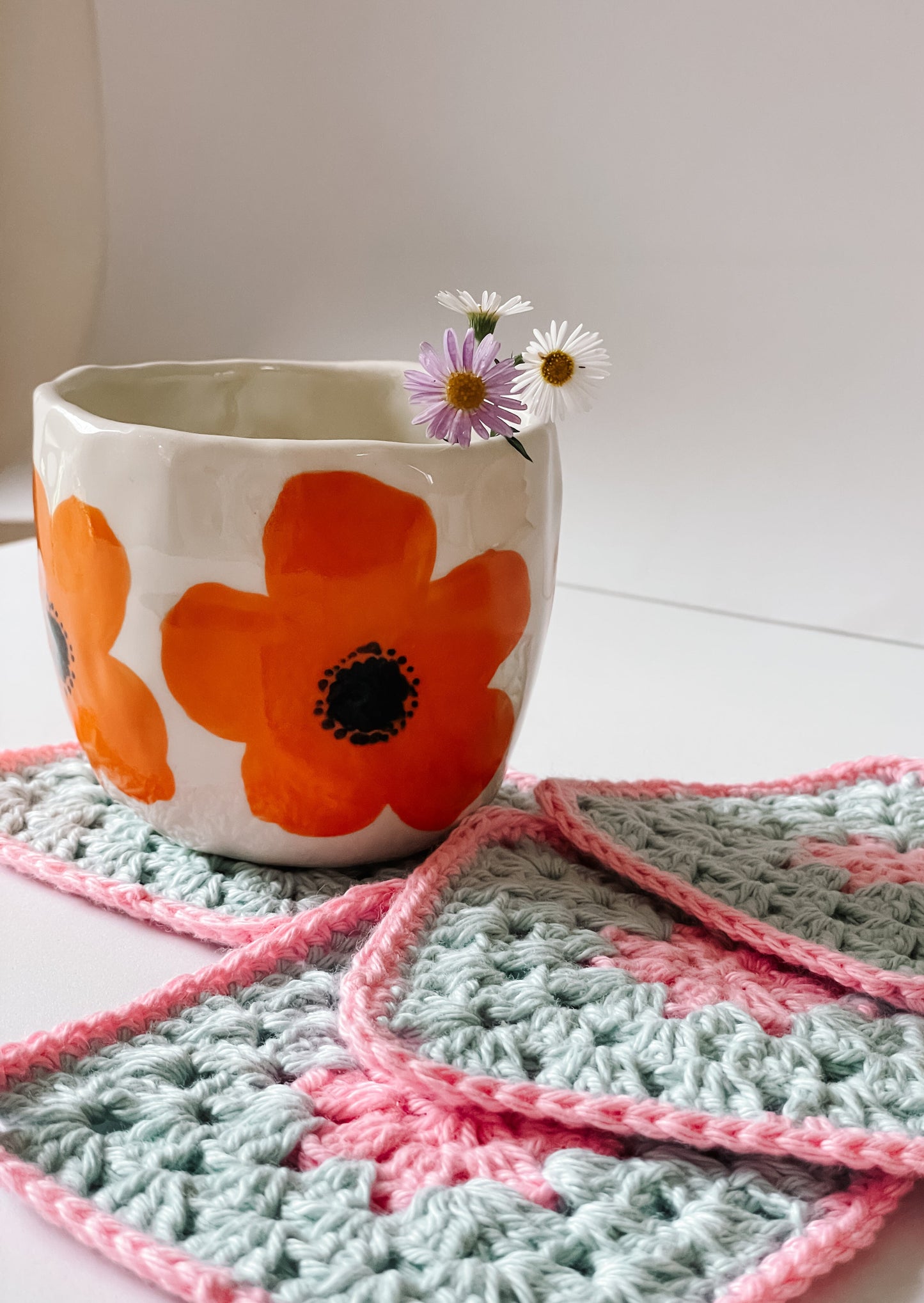 flower crochet coaster set - pink and blue