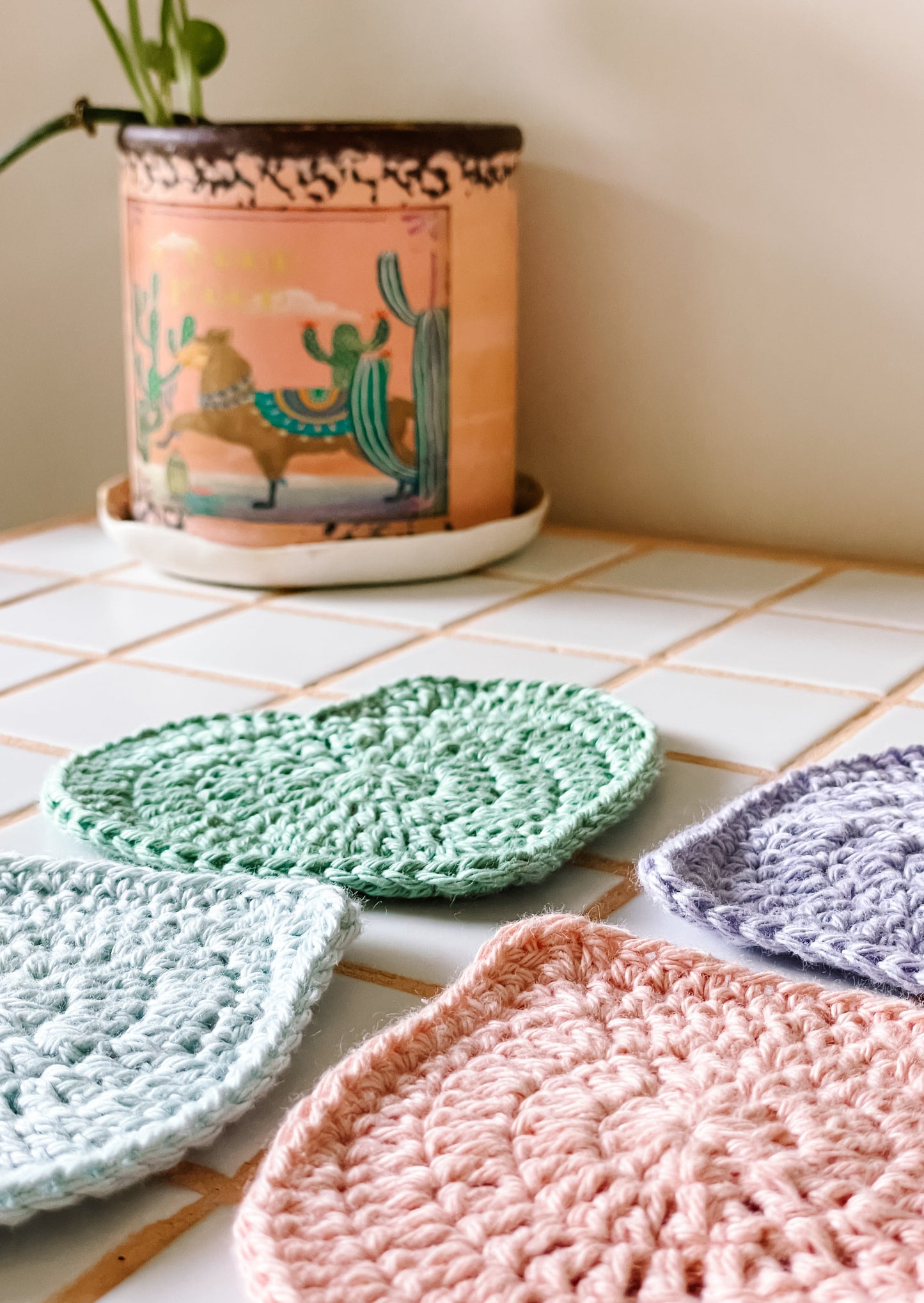 Love heart crochet coaster set - solid colours