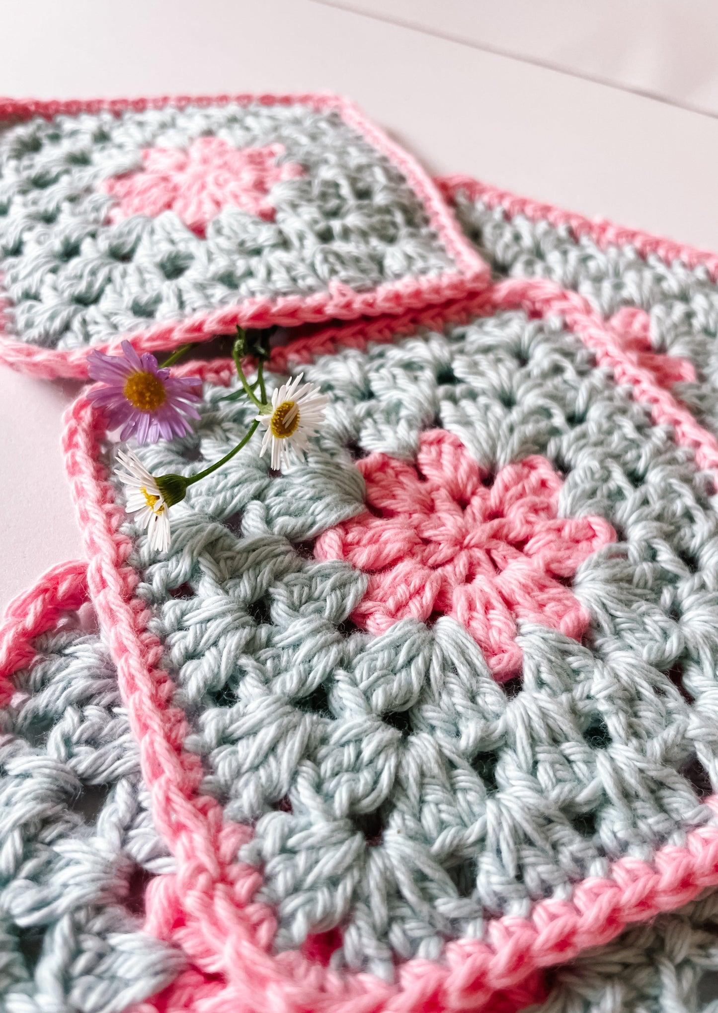 flower crochet coaster set - pink and blue