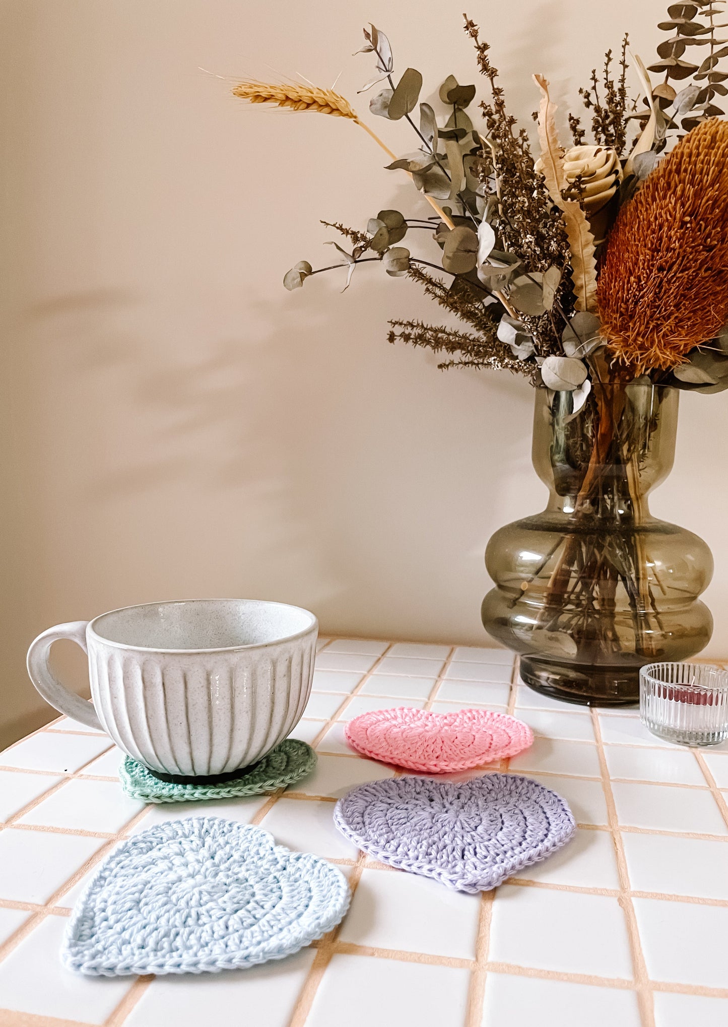 Love heart crochet coaster set - solid pastel colours