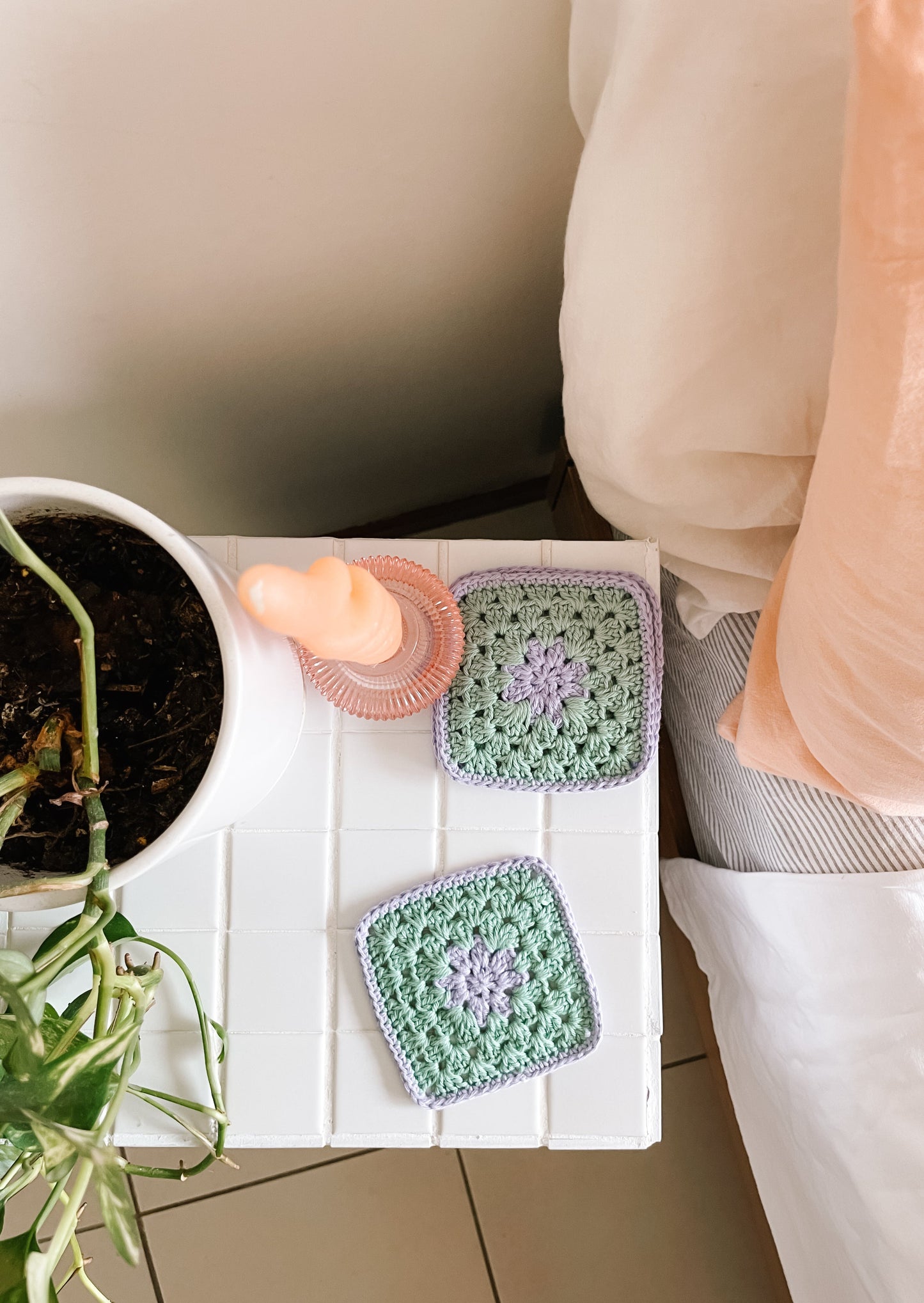 flower crochet coaster set - green and purple