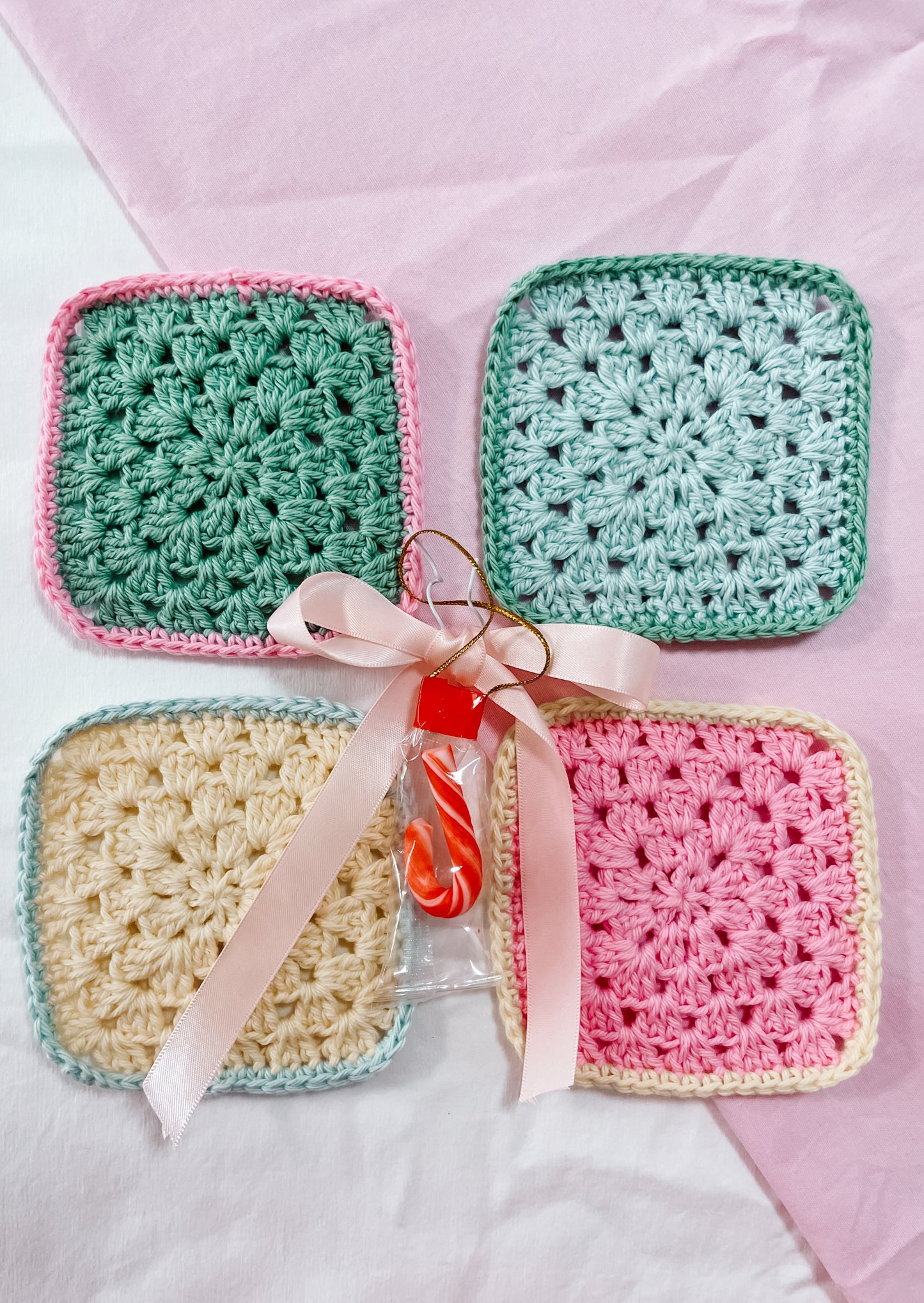 Multi coloured crochet coasters